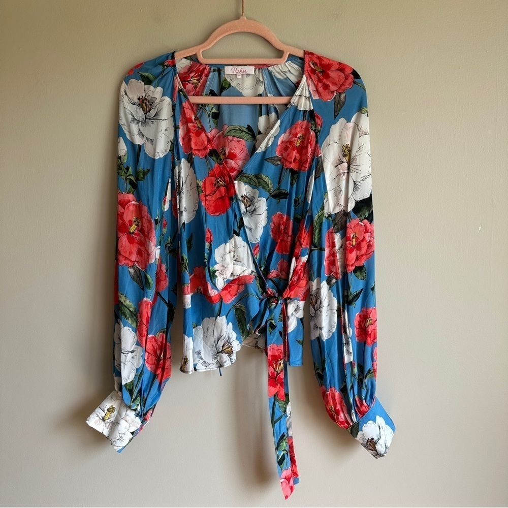 Parker Blue Pink Floral Long Sleeve Wrap Top Small